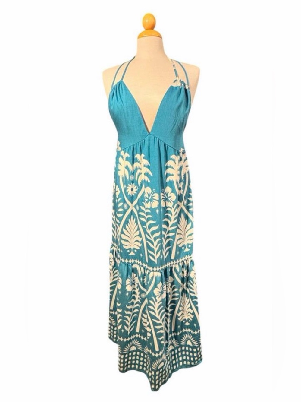 NWT Dukakii Turquoise Tropical Print Halter Maxi Dress Size M